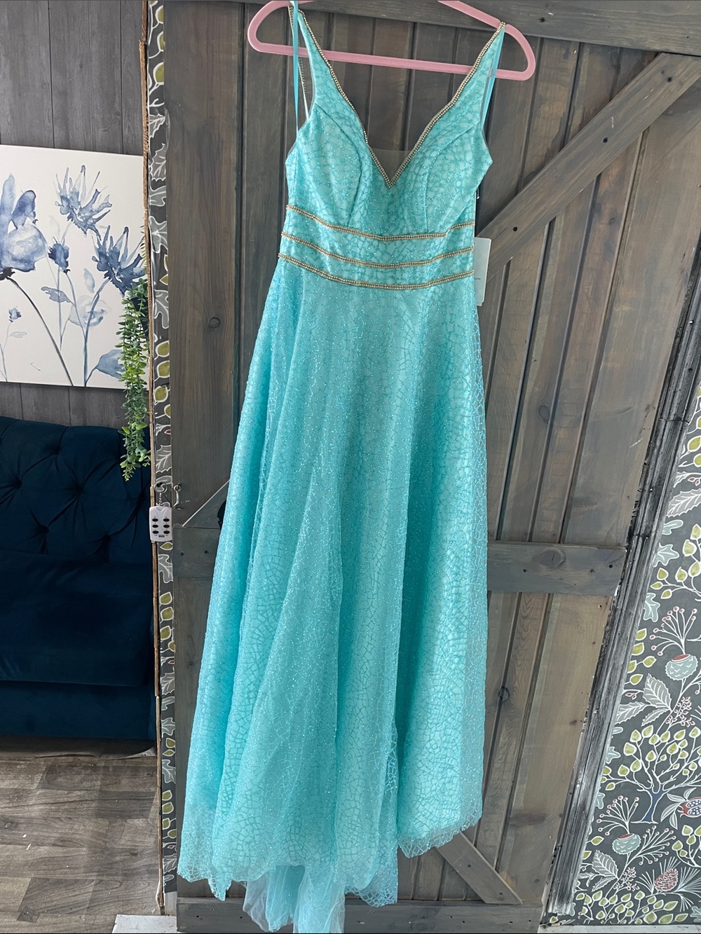 Witness Aqua Blue Sparkle V-Neck Wedding Dress with sparkle trim silver